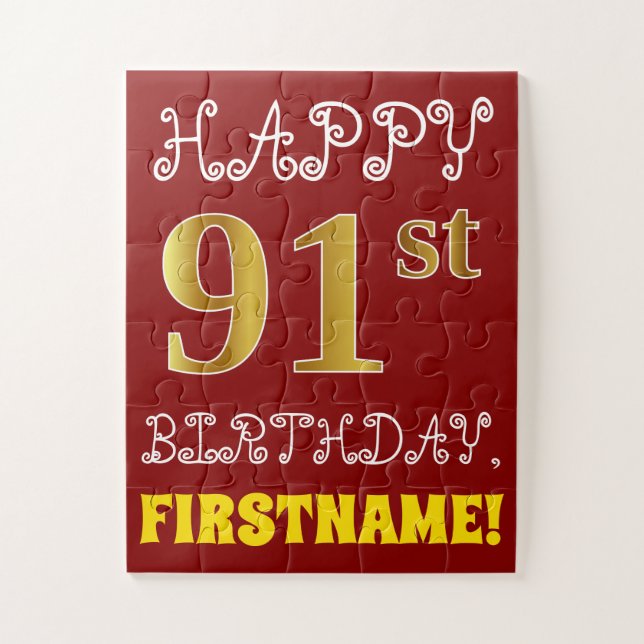 Red, Faux Gold 91st Birthday + Custom Name Puzzle (Vertical)