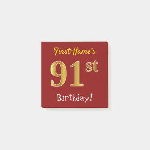 Red, Faux Gold 91st Birthday, With Custom Name Post-it Notes