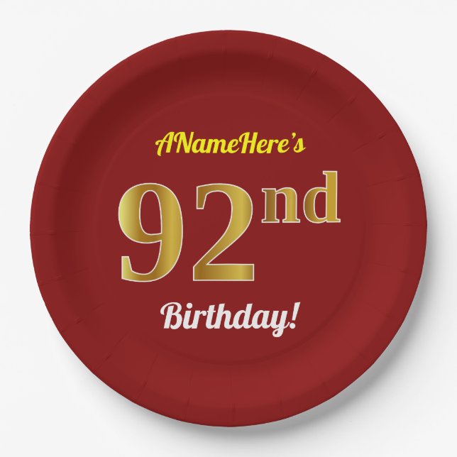 Red, Faux Gold 92nd Birthday + Custom Name Paper Plate (Front)