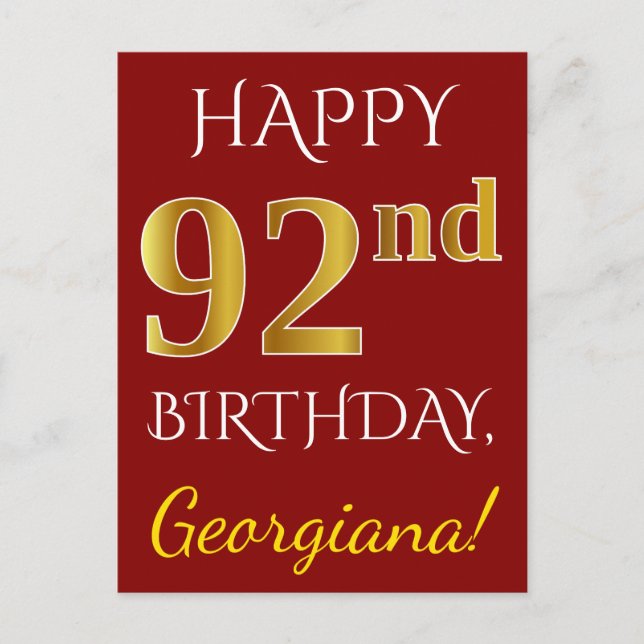 Red, Faux Gold 92nd Birthday + Custom Name Postcard (Front)