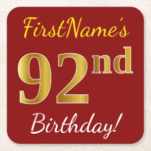 Red, Faux Gold 92nd Birthday + Custom Name Square Paper Coaster