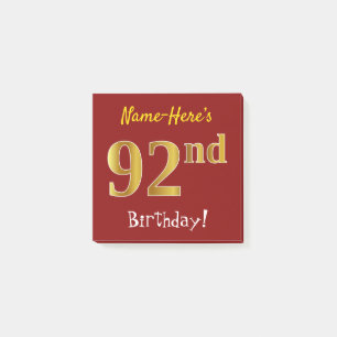 Red, Faux Gold 92nd Birthday, With Custom Name Post-it Notes