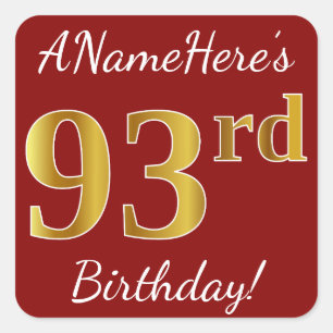 Red, Faux Gold 93rd Birthday + Custom Name Sticker