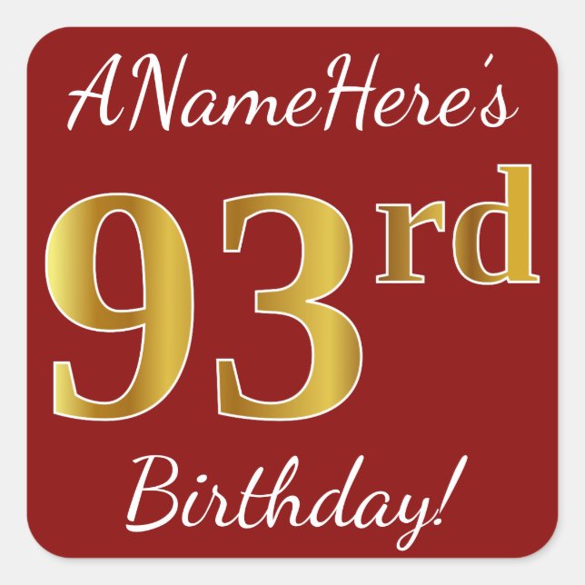 Red, Faux Gold 93rd Birthday + Custom Name Sticker (Front)