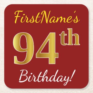 Red, Faux Gold 94th Birthday + Custom Name Square Paper Coaster