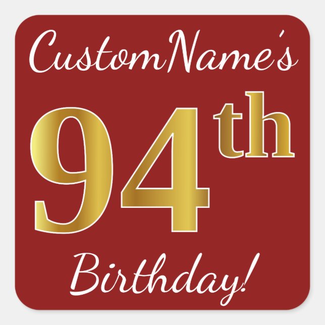 Red, Faux Gold 94th Birthday + Custom Name Sticker (Front)