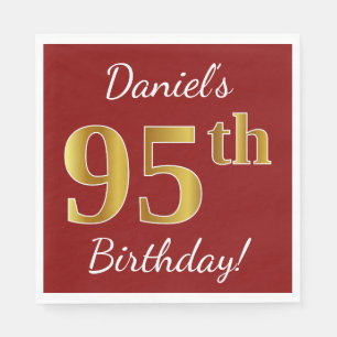 Red, Faux Gold 95th Birthday + Custom Name Napkin