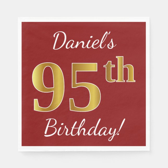 Red, Faux Gold 95th Birthday + Custom Name Napkin (Front)