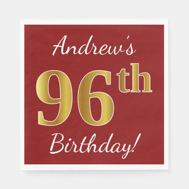 Red, Faux Gold 96th Birthday + Custom Name Napkin (Front)
