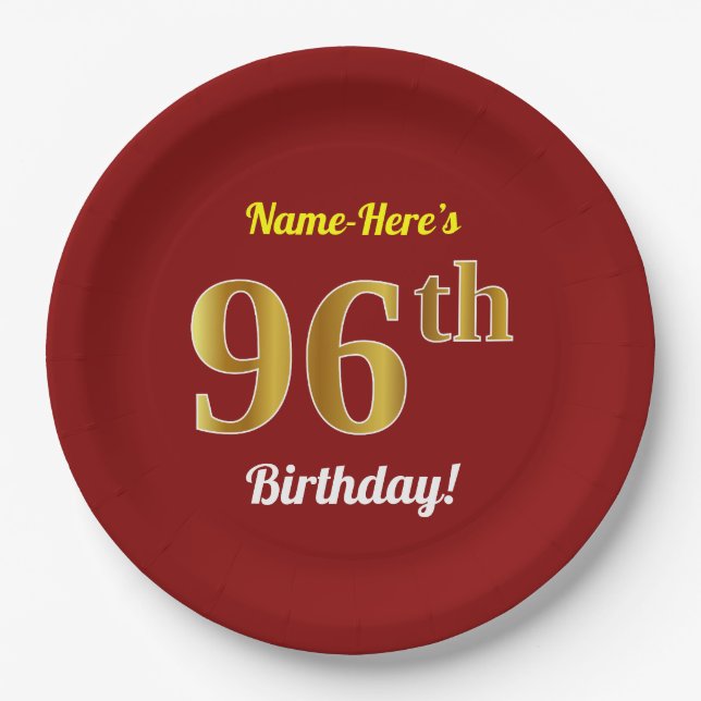 Red, Faux Gold 96th Birthday + Custom Name Paper Plate (Front)
