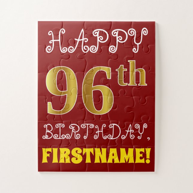 Red, Faux Gold 96th Birthday + Custom Name Puzzle (Vertical)