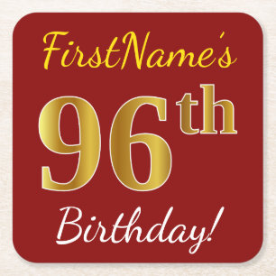 Red, Faux Gold 96th Birthday + Custom Name Square Paper Coaster
