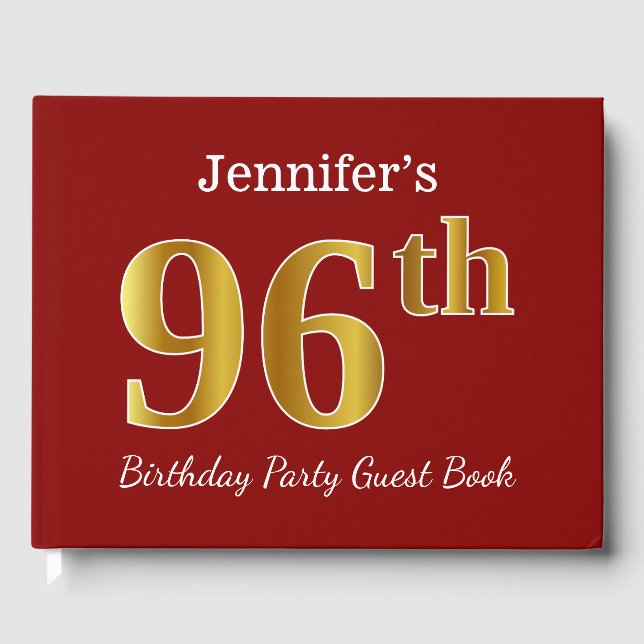Red, Faux Gold 96th Birthday Party + Custom Name Guest Book (Front)
