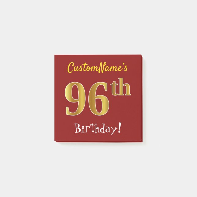 Red, Faux Gold 96th Birthday, With Custom Name Post-it Notes (Front)