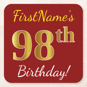 Red, Faux Gold 98th Birthday + Custom Name Square Paper Coaster