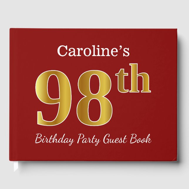 Red, Faux Gold 98th Birthday Party + Custom Name Guest Book (Front)