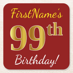 Red, Faux Gold 99th Birthday + Custom Name Square Paper Coaster