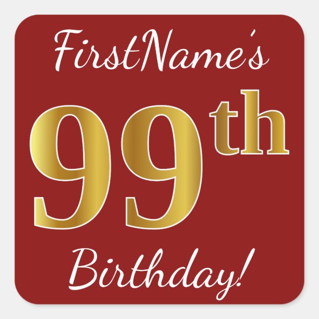 Red, Faux Gold 99th Birthday + Custom Name Sticker (Front)