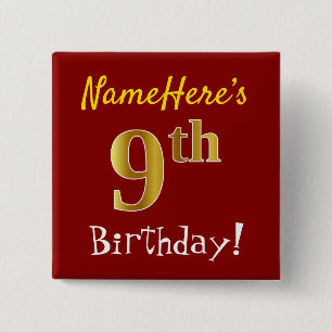 Red, Faux Gold 9th Birthday, With Custom Name 2 Inch Square Button