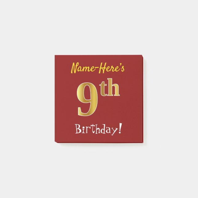 Red, Faux Gold 9th Birthday, With Custom Name Post-it Notes (Front)