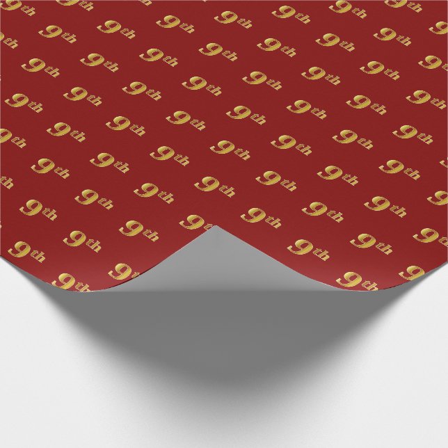 Red, Faux Gold 9th (Ninth) Event Wrapping Paper (Corner)
