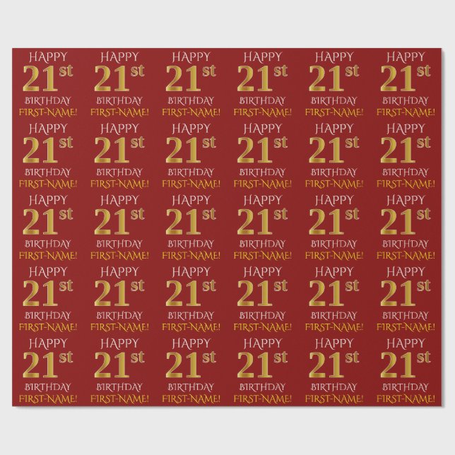 Red, Faux Gold "HAPPY 21st BIRTHDAY" Wrapping Paper (Flat)