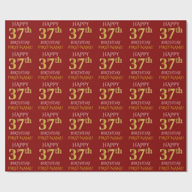 Red, Faux Gold "HAPPY 37th BIRTHDAY" Wrapping Paper (Flat)