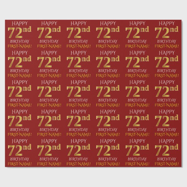Red, Faux Gold "HAPPY 72nd BIRTHDAY" Wrapping Paper (Flat)