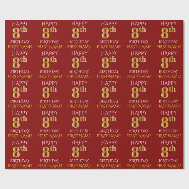 Red, Faux Gold "HAPPY 8th BIRTHDAY" Wrapping Paper (Flat)
