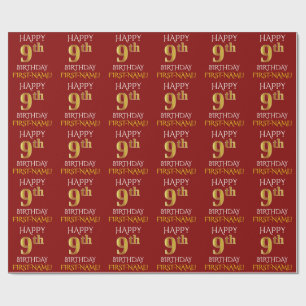Red, Faux Gold "HAPPY 9th BIRTHDAY" Wrapping Paper