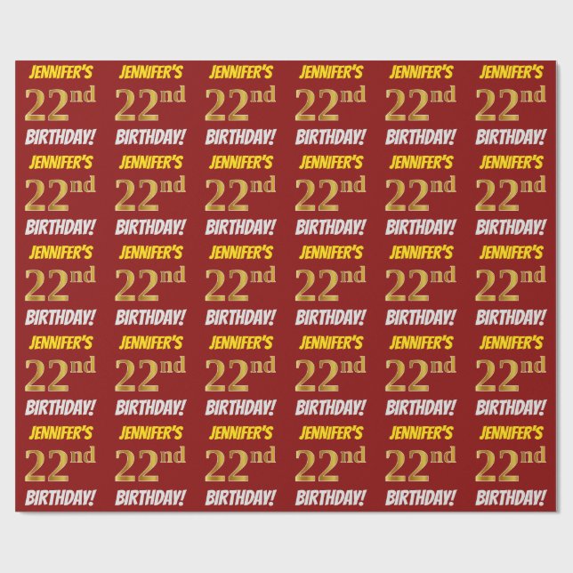 Red, Faux/Imitation Gold, "22nd BIRTHDAY" Wrapping Paper (Flat)