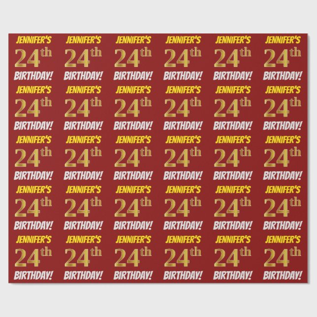 Red, Faux/Imitation Gold, "24th BIRTHDAY" Wrapping Paper (Flat)