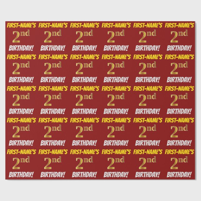 Red, Faux/Imitation Gold, "2nd BIRTHDAY" Wrapping Paper (Flat)