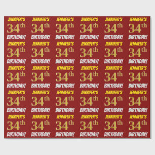 Red, Faux/Imitation Gold, "34th BIRTHDAY" Wrapping Paper