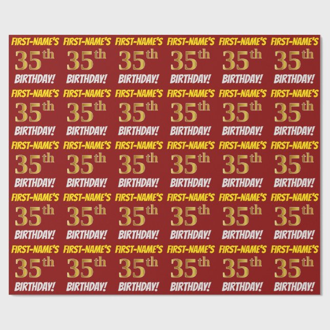 Red, Faux/Imitation Gold, "35th BIRTHDAY" Wrapping Paper (Flat)