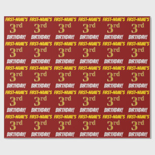Red, Faux/Imitation Gold, "3rd BIRTHDAY" Wrapping Paper