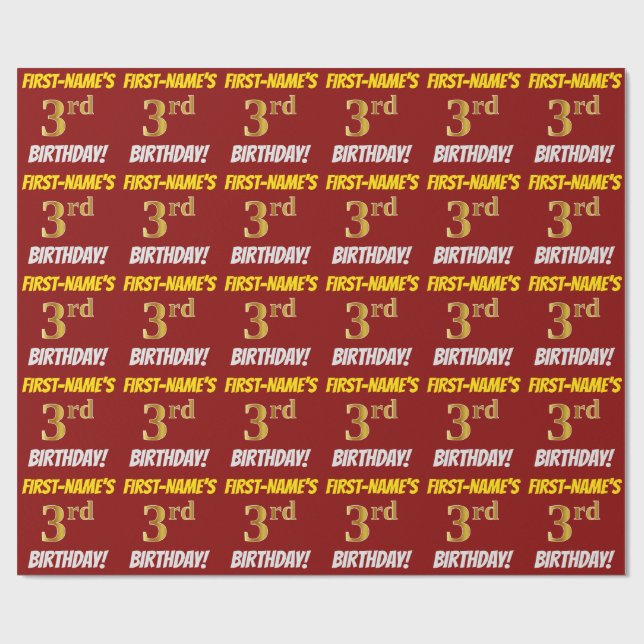 Red, Faux/Imitation Gold, "3rd BIRTHDAY" Wrapping Paper (Flat)