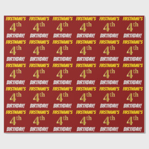 Red, Faux/Imitation Gold, "4th BIRTHDAY" Wrapping Paper