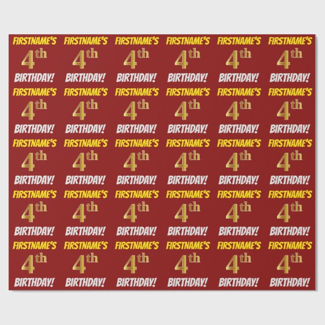 Red, Faux/Imitation Gold, "4th BIRTHDAY" Wrapping Paper (Flat)