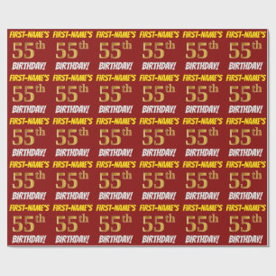 Red, Faux/Imitation Gold, "55th BIRTHDAY" Wrapping Paper