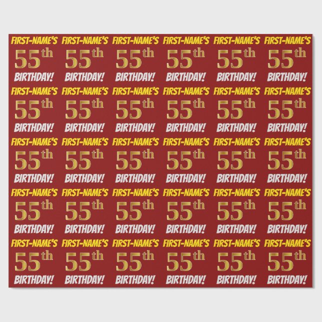 Red, Faux/Imitation Gold, "55th BIRTHDAY" Wrapping Paper (Flat)