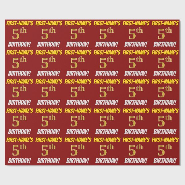 Red, Faux/Imitation Gold, "5th BIRTHDAY" Wrapping Paper (Flat)