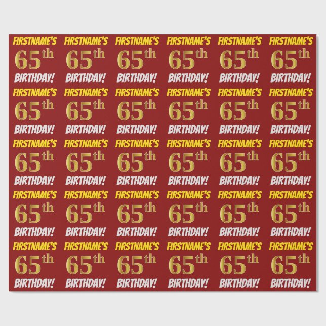 Red, Faux/Imitation Gold, "65th BIRTHDAY" Wrapping Paper (Flat)