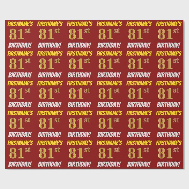 Red, Faux/Imitation Gold, "81st BIRTHDAY" Wrapping Paper (Flat)