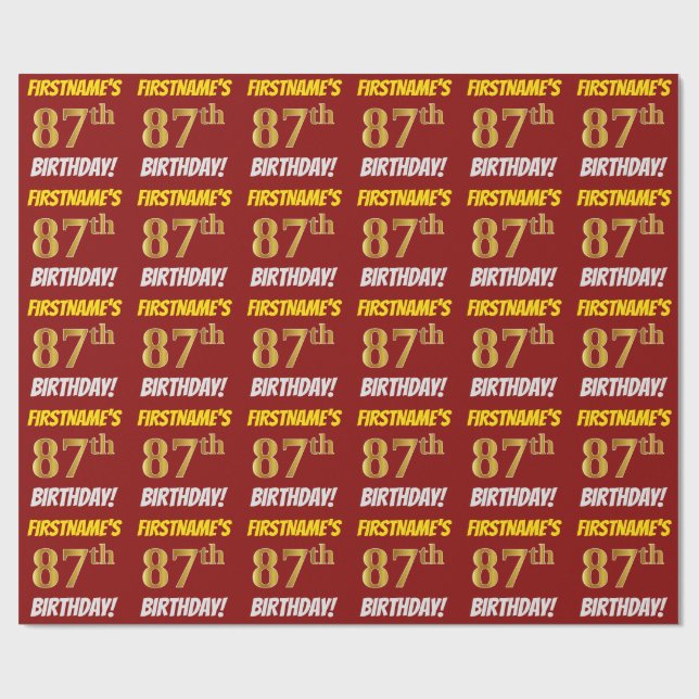 Red, Faux/Imitation Gold, "87th BIRTHDAY" Wrapping Paper (Flat)