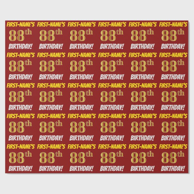 Red, Faux/Imitation Gold, "88th BIRTHDAY" Wrapping Paper (Flat)