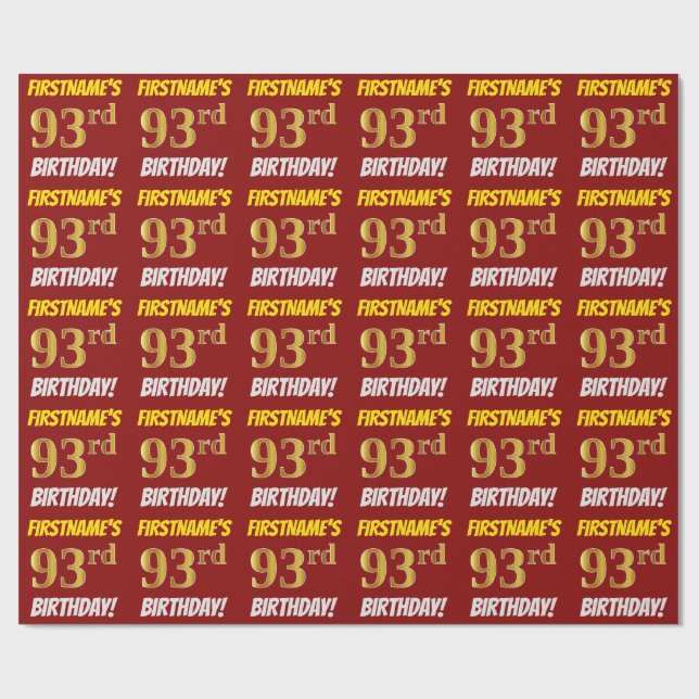 Red, Faux/Imitation Gold, "93rd BIRTHDAY" Wrapping Paper (Flat)