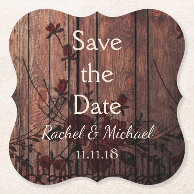 Red Faux Lace and Wood Save the Date Paper Coaster (Front)
