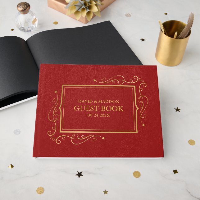 Red Faux Leather Gold Frame Guest Book (Front Open)