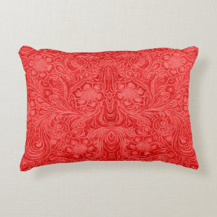 Red Faux Leather Pattern-Embossed Floral Accent Pillow